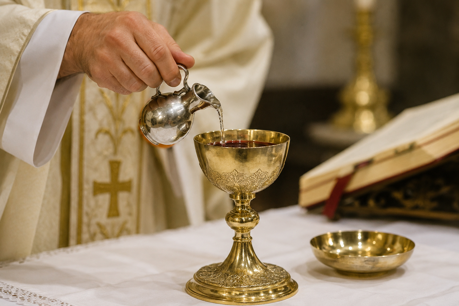 Por que o sacerdote coloca uma gota de água no vinho?